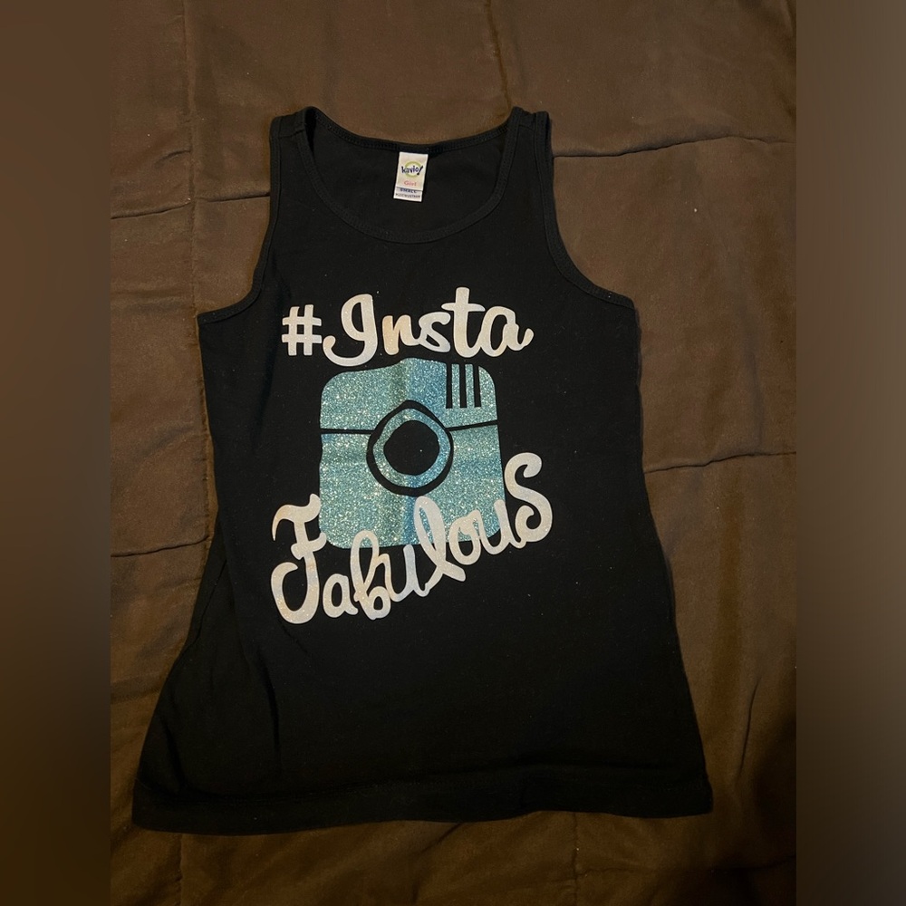 Girls Black Tank Top with Glittery Blue Camera Design Insta Fabulous Child Small